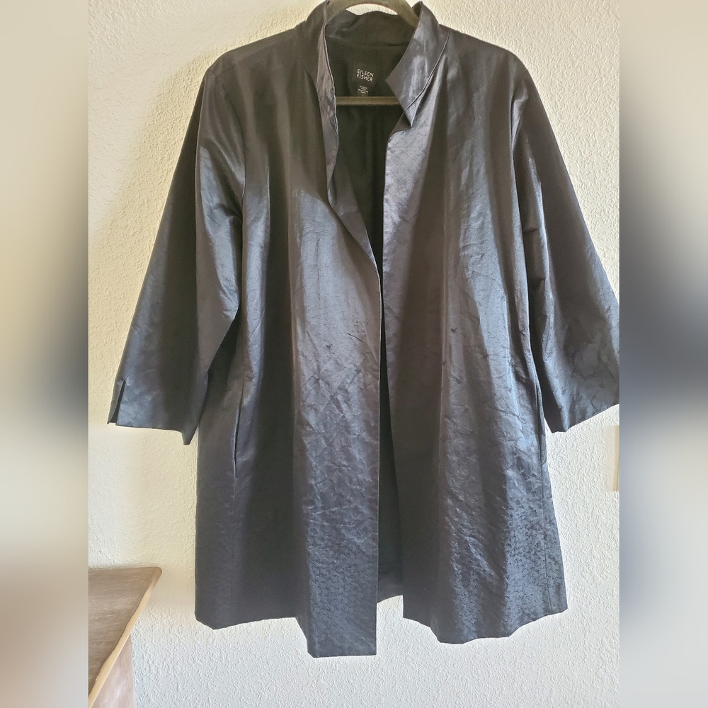 Eileen Fisher Lightweight Openfront Satin Leaf Print Black Coat Jacket Large